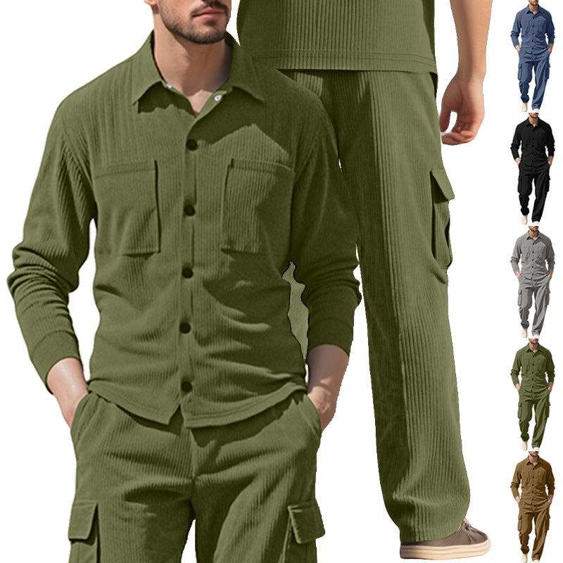 Herren nan geripptes Worker-Hemd mit Brusttaschen und entspannter Cargohose EB