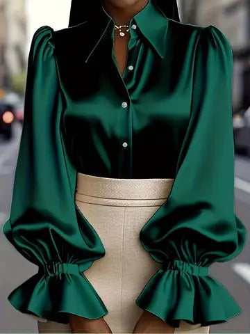 Damen elegante Seidenbluse mit Puffärmeln und schicker Knopfleiste EB