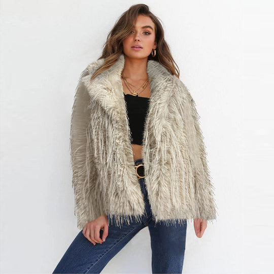 Damen Eleganter Kunstfellblazer mit breitem Kragen EB