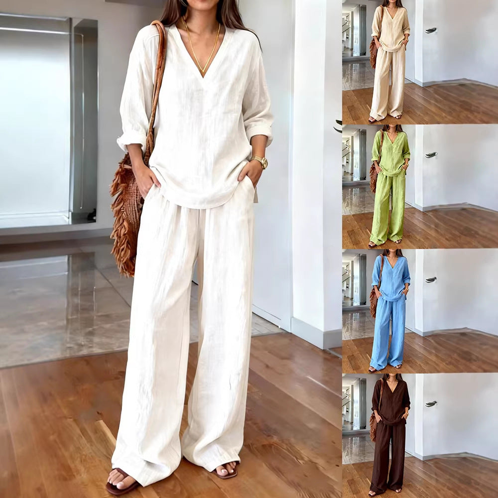 Damen Leichte Sommerhose mit weitem Schnitt und V-Ausschnitt Shirt EB