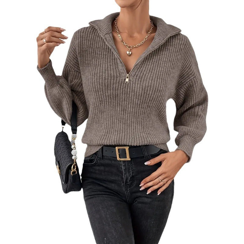 Damen modischer Pullover mit hochgeschlossenem Kragen und Reißverschluss EB
