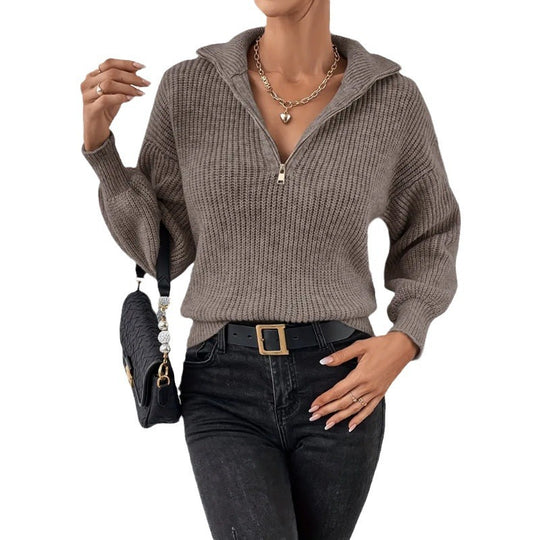 Damen modischer Pullover mit hochgeschlossenem Kragen und Reißverschluss EB