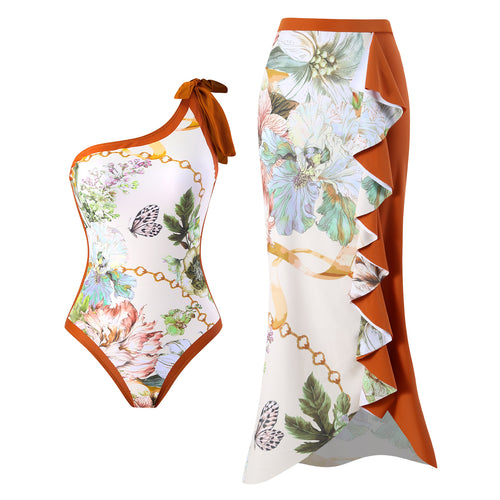 Damen Einteiler Badeanzug mit asymmetrischem Schnitt und elegantem Wickelrock EB