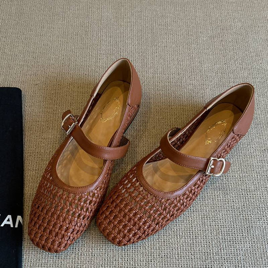 Damen geschlossene Ballerinas mit festem Riemen und geflochtenem Obermaterial EB