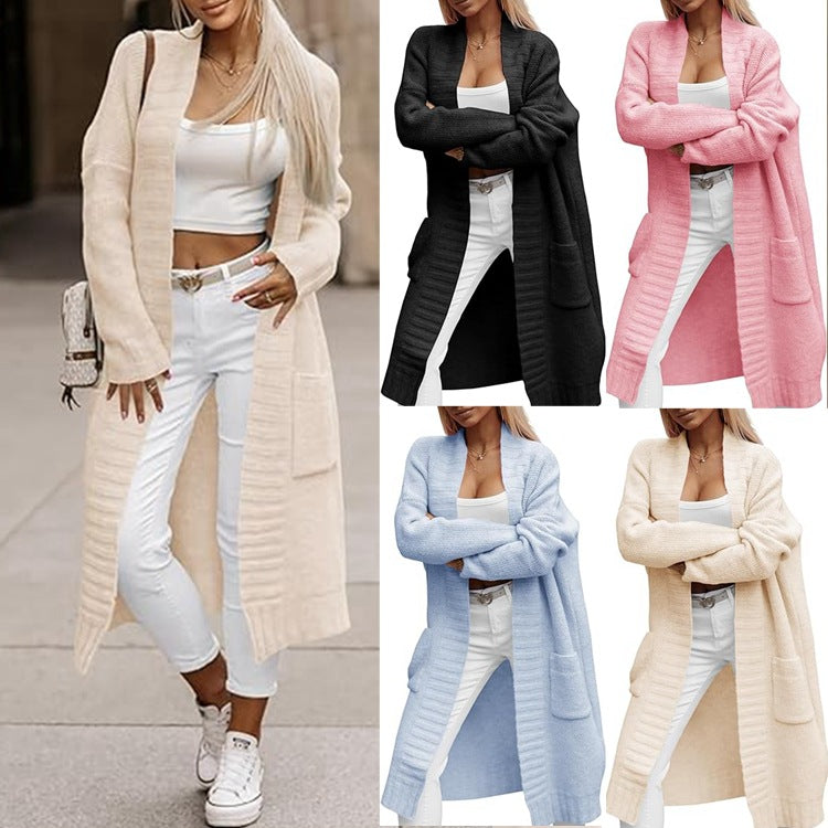 Damen Großer Strickmantel mit tiefen Taschen und offenem Design EB