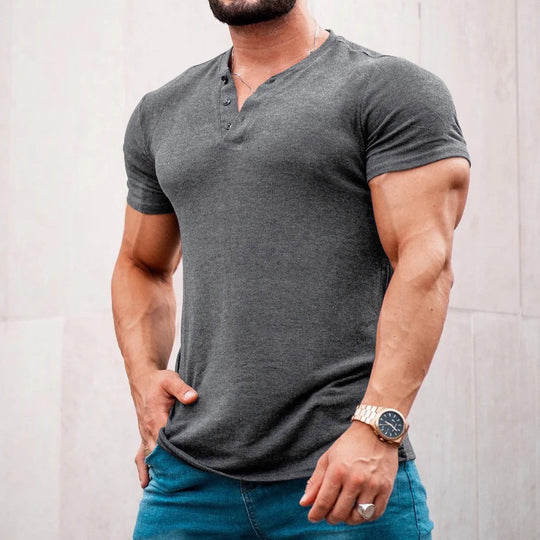 Herren nan muskelbetontes Kurzarmshirt mit Knopfleiste und V-Ausschnitt aus Baumwollstretch EB