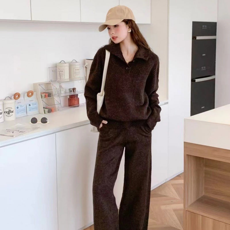 Damen Strickstil-Pullover mit integriertem Kragen und Knopfverschluss EB