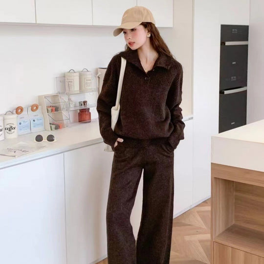 Damen Strickstil-Pullover mit integriertem Kragen und Knopfverschluss EB