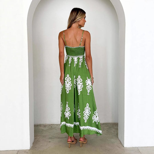 Damen Maxikleid mit floralem Muster und schwingendem Rock EB