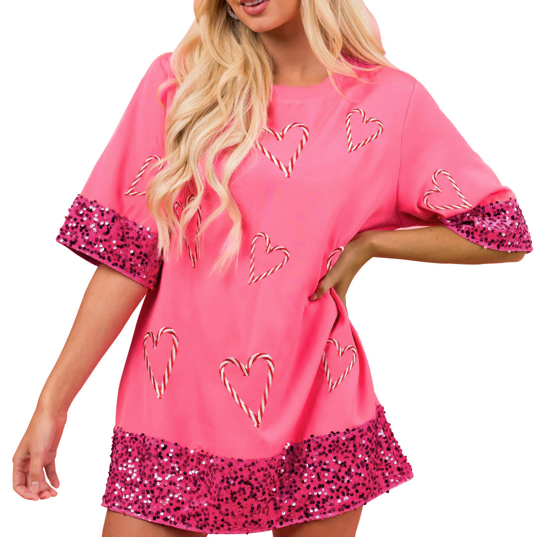 Damen Oversized T-Shirt mit Glitzer-Ärmeln und Herz-Muster EB