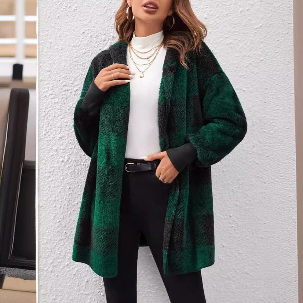Damen nan karierter Teddy-Mantel mit großem Reverskragen und Rippbündchen EB