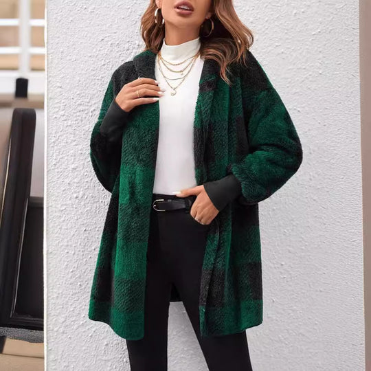 Damen nan karierter Teddy-Mantel mit großem Reverskragen und Rippbündchen EB