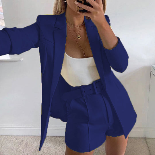 Damen nan tailliertes Longblazer-Shorts Set mit betonter Schulterpartie, hoher Taille und breitem Gürtel EB