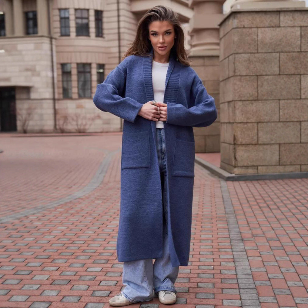 Damen Strickmantel mit tiefem V-Ausschnitt und großen Taschen EB