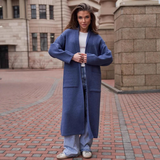 Damen Strickmantel mit tiefem V-Ausschnitt und großen Taschen EB