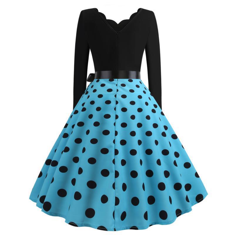 Damen Retro-Swingkleid mit welligem Ausschnitt, taillierter Satin-Schärpe und Tellerrock EB