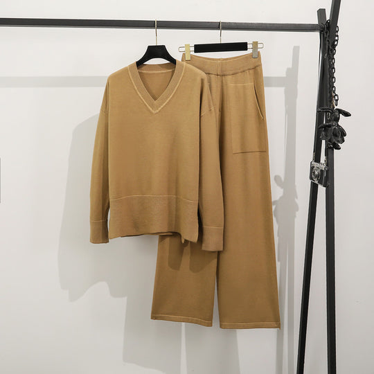 Damen lässiges Strick-Loungewear-Set mit tiefem V-Ausschnitt und praktischen Taschen EB