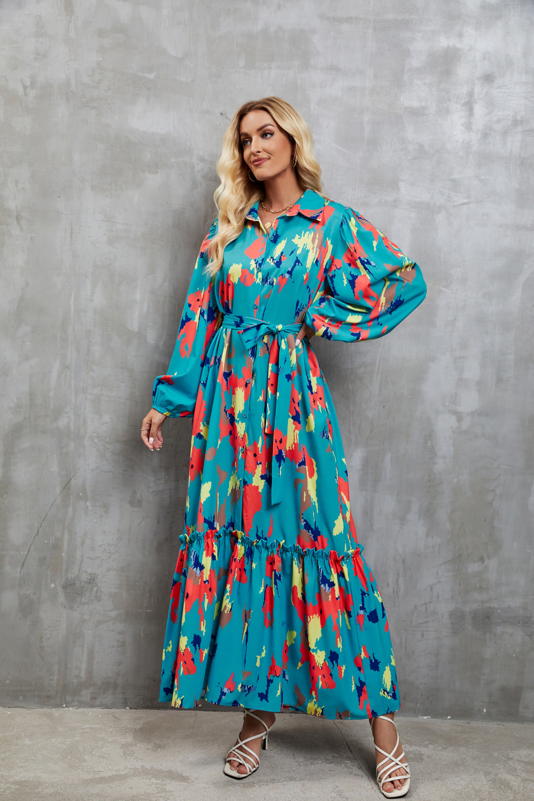 Damen Maxikleid mit voluminösen Ärmeln und schickem Bindegürtel EB