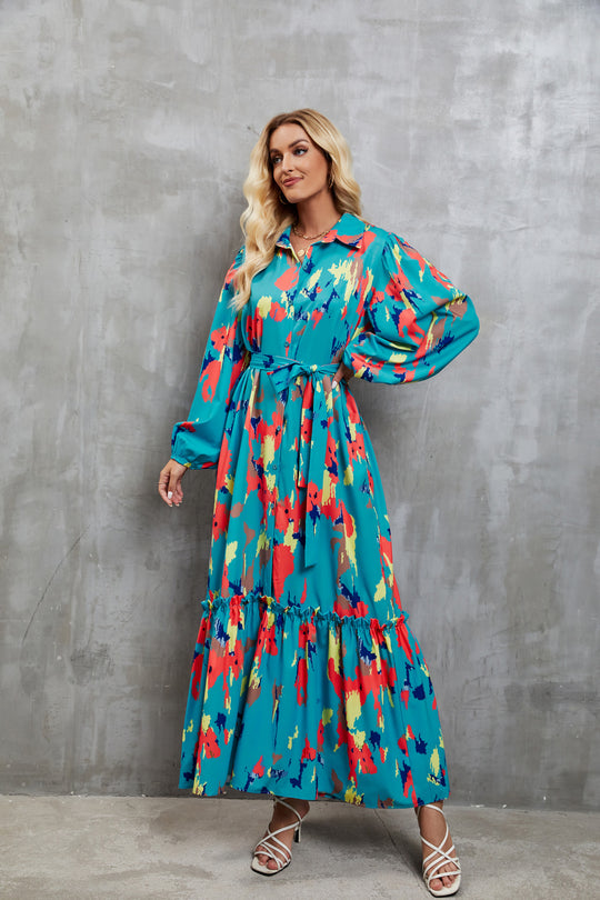 Damen Maxikleid mit voluminösen Ärmeln und schickem Bindegürtel EB
