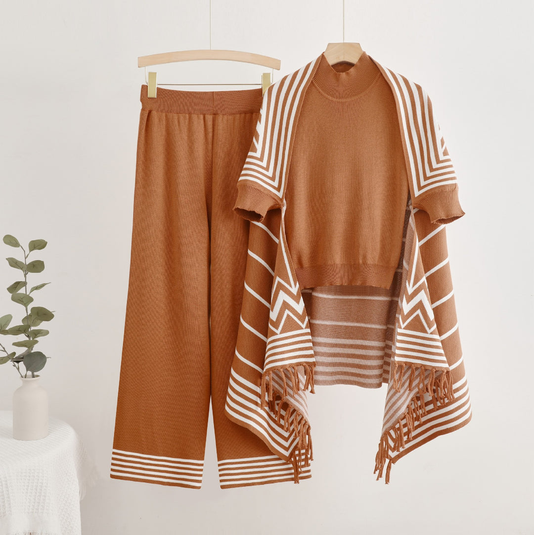 Damen elegantes Strick-Kombinationsset mit hochgeschlossenem Oberteil und weiten Hosen EB