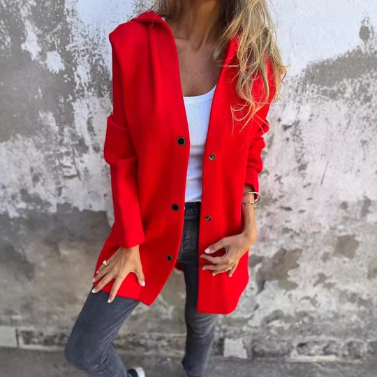 Damen nan Kapuzenmantel mittellanger Baumwollmix mit Druckknopfleiste und Eingrifftaschen EB