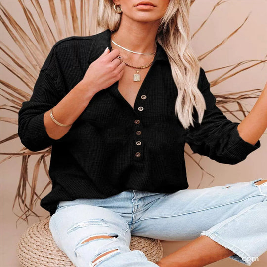 Damen nan lässiges Waffel-Polohemd mit Henley-Knopfleiste und überschnittener Schulter EB