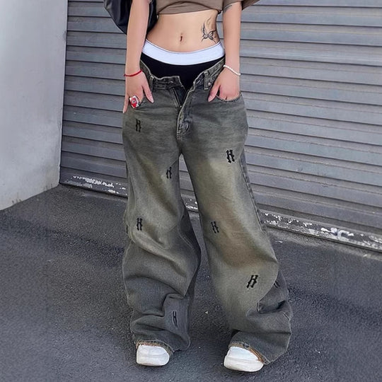 Damen Weiße Stoffhose mit modischen Stickereien EB
