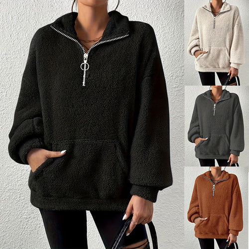 Damen Fleece-Pullover mit hohem Kragen und praktischen Taschen EB