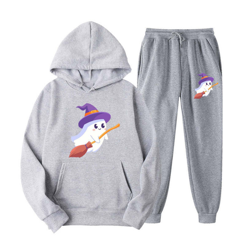 Unisex nan kuscheliger Kapuzenpullover und Jogginghose Set mit Halloween-Geistprint EB