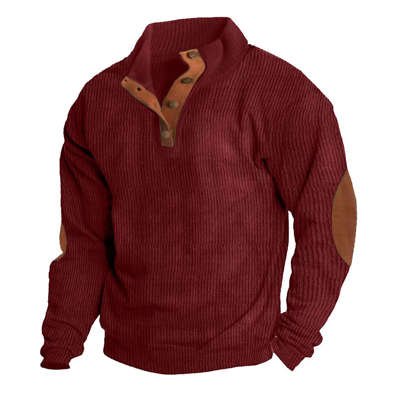 Herren Gerippter Henley-Pullover mit Stehkragen, Knopfleiste & Leder-Ellbogenpatches EB