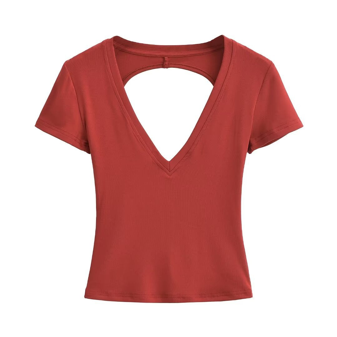 Damen modisches V-Ausschnitt T-Shirt mit offenem Rücken EB