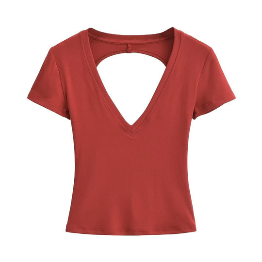 Damen modisches V-Ausschnitt T-Shirt mit offenem Rücken EB