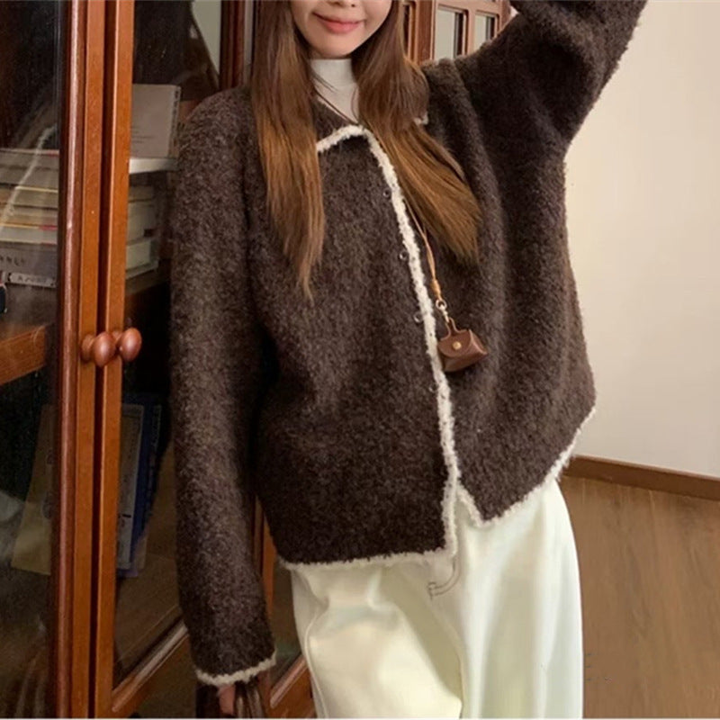 Damen kuscheliger Strickcardigan mit Kontrastdetails und kragen EB
