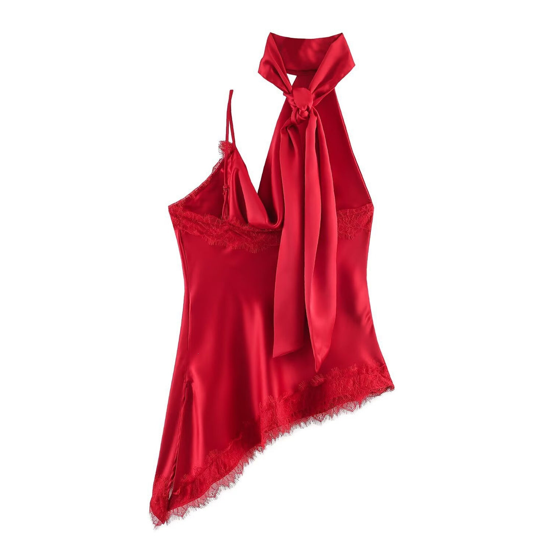 Damen elegantes Satin-Top mit asymmetrischem Saum und Spitzendetails EB