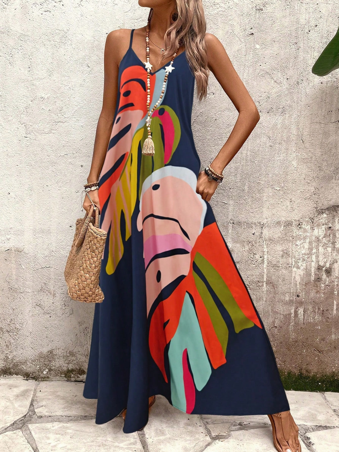 Damen Sommerliches Maxikleid mit buntem Blattdruck EB