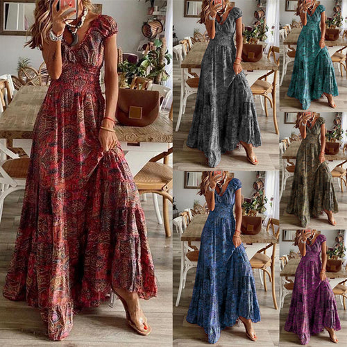 Damen Maxikleid mit Boho-Design und schwingendem Abschluss EB