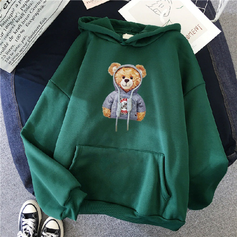 Unisex nan lässiger Oversize Kapuzenpullover mit Teddy-Frontprint, Kängurutasche und weichem Fleece-Innenfutter EB