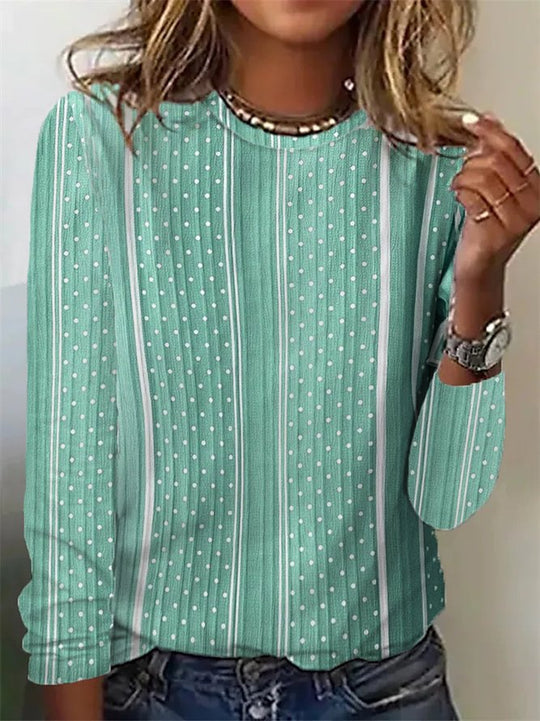 Damen lässiges Langarmshirt mit stylischem Punktmuster und vertikalen Streifen EB