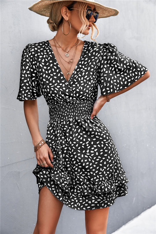 Damen Blümchen Minikleid mit Rüschen und elastischem Taillenbund EB