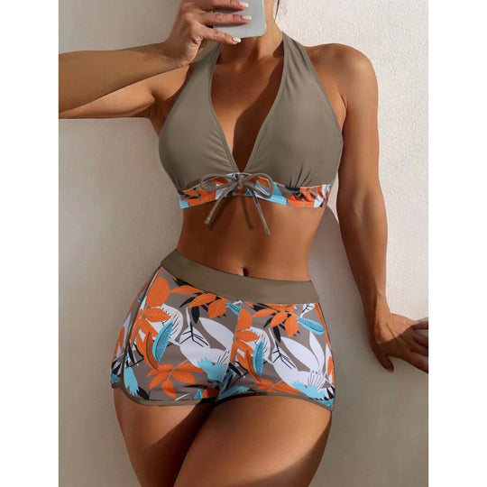 Damen Hochgeschlossen Bikini mit verspieltem Blumenmuster EB