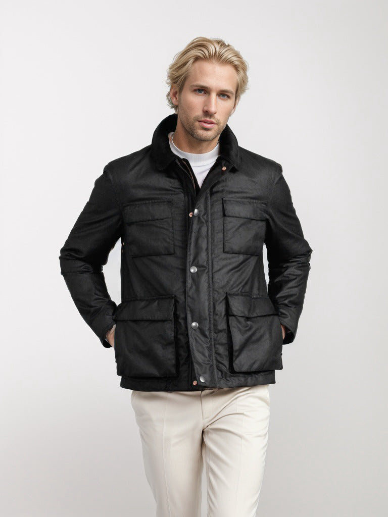 Herren funktionale Utility-Jacke mit warmem Fleece-Kragen und praktischen Taschen EB