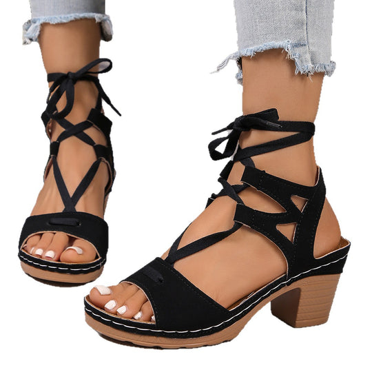 Damen trendige Plateau-Sandalen mit Schnürung und stabiler Sohle EB