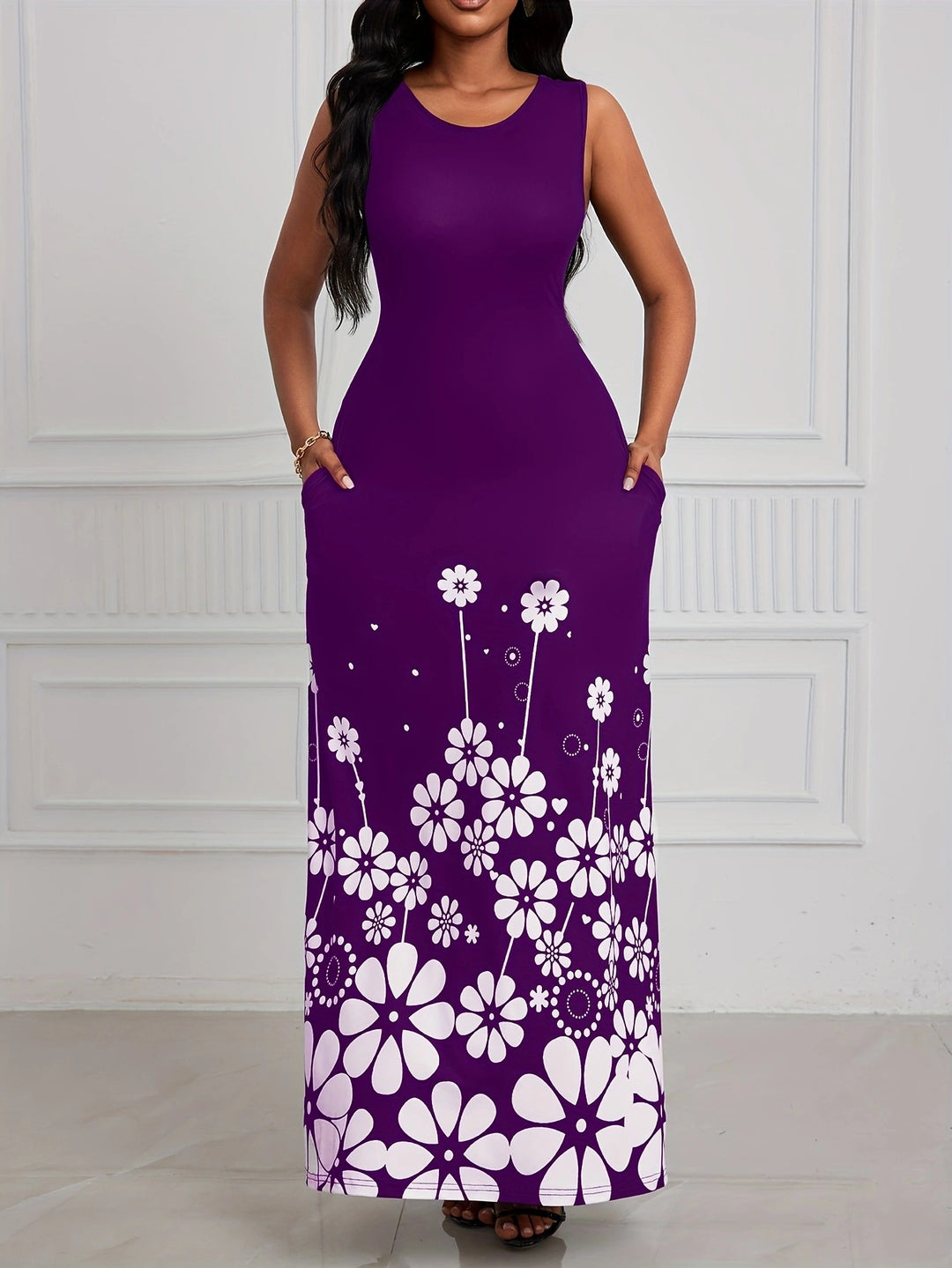 Damen Maxikleid mit floralem Muster und praktischen Seitentaschen EB