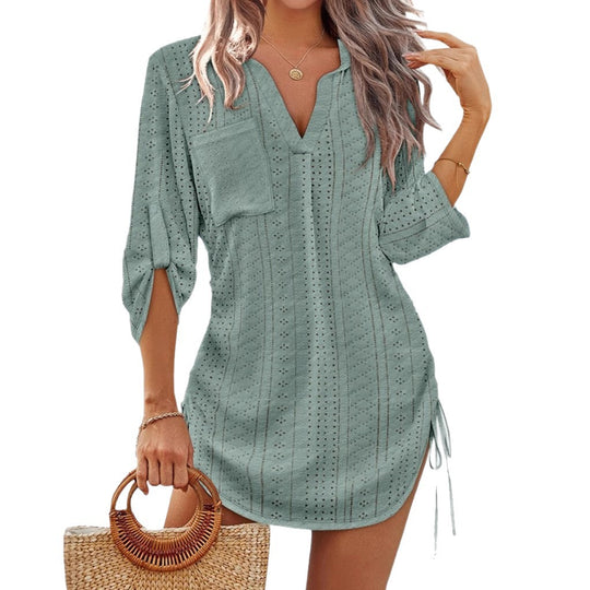 Damen lässiges Langarmshirt mit V-Ausschnitt und Seitenschlitzen EB