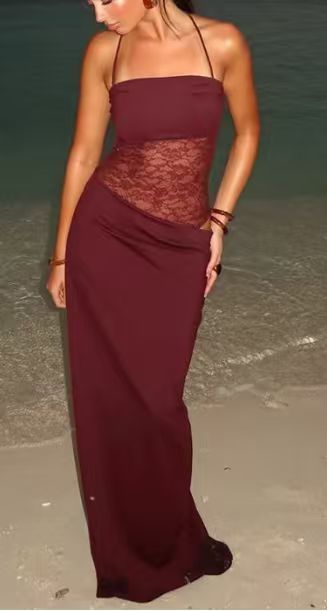 Damen nan Bandeau-Maxikleid mit transparentem Spitzenkorsett und knotbaren Spaghettiträgern EB
