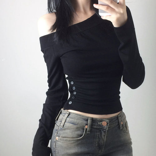 Damen nan schulterfreies Langarmshirt mit taillierter Silhouette und seitlicher Knopfleiste EB