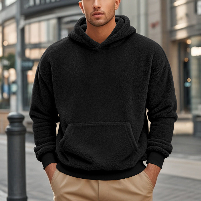 Herren Hoodie aus kuscheligem Teddy-Fleece mit Kängurutasche und breiten Bündchen EB