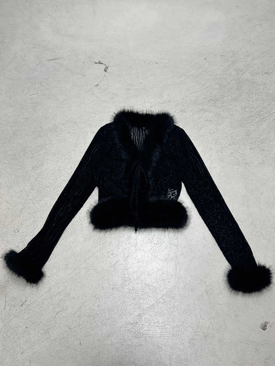 Damen nan kurze Samtjacke mit luxuriösem Kunstfellbesatz an Kragen Saum und Ärmeln EB