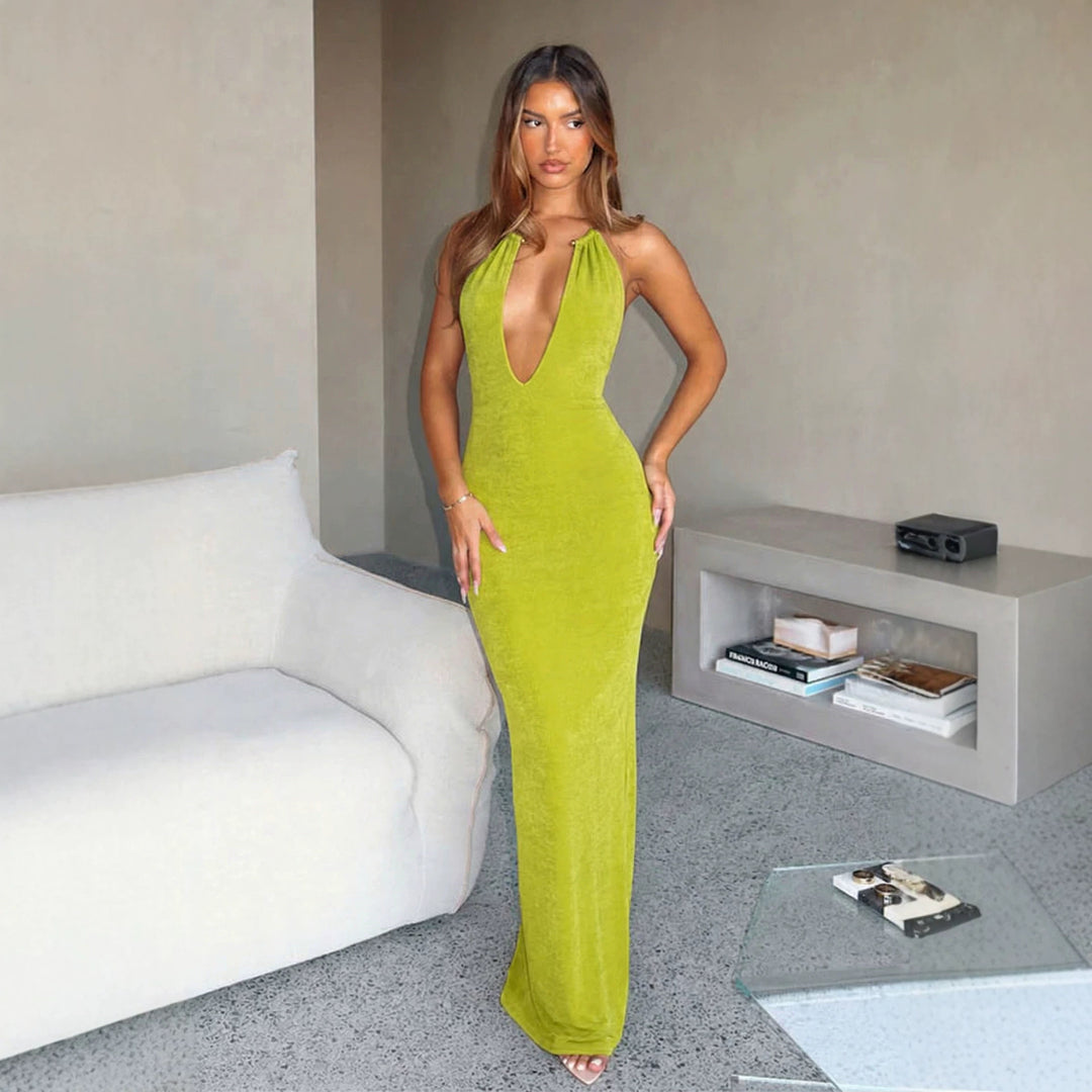 Damen Maxikleid mit hohem V-Ausschnitt und fließendem Stoff EB