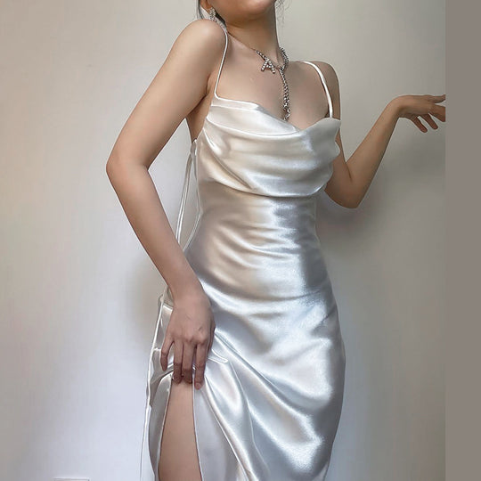 Damen Satin Kleid mit verführerischem Beinschlitz und spaghettiträgern EB